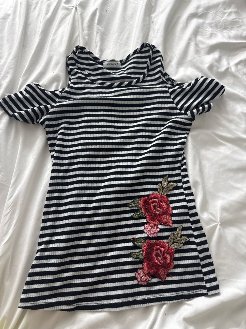 Striped Cold-Shoulder Kids Dress with Red Rose Appliqué